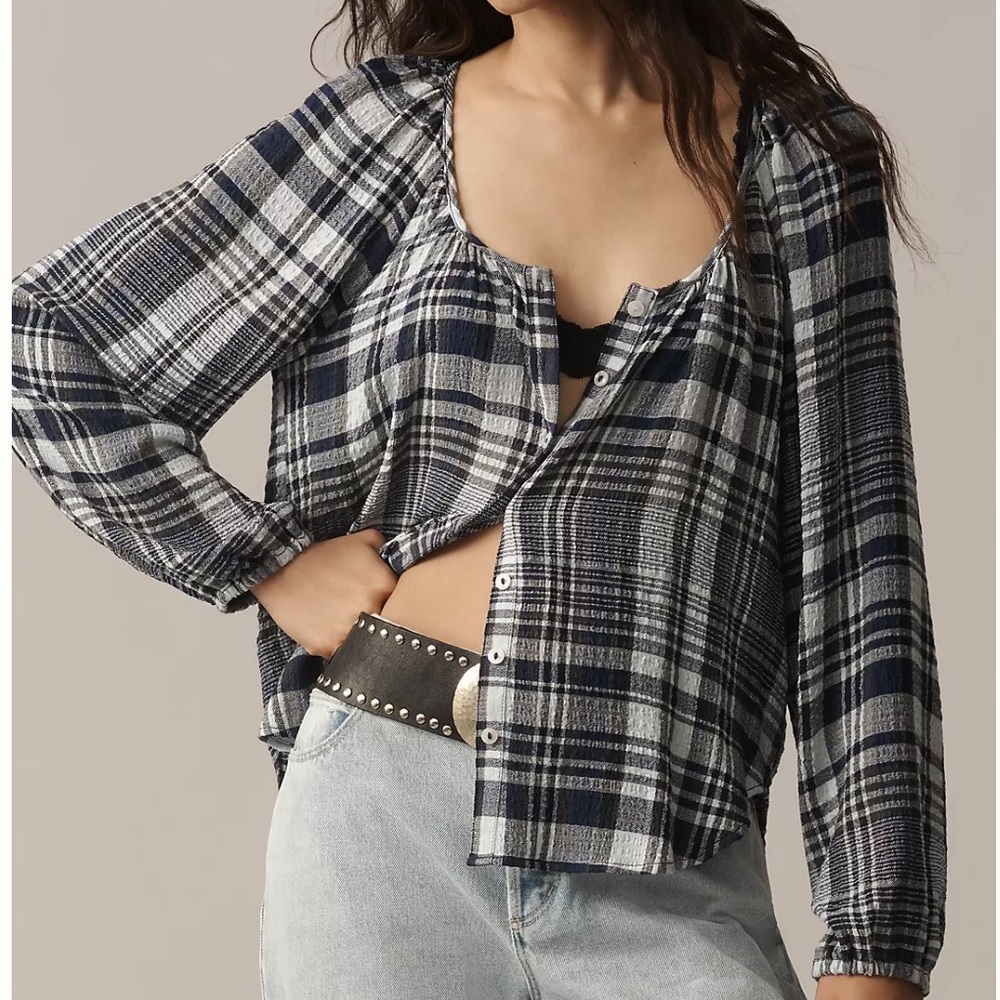 NWT Anthropologie Pilcro Scoop-Neck Plaid Shirt Plaid Button-Up Women's Top
